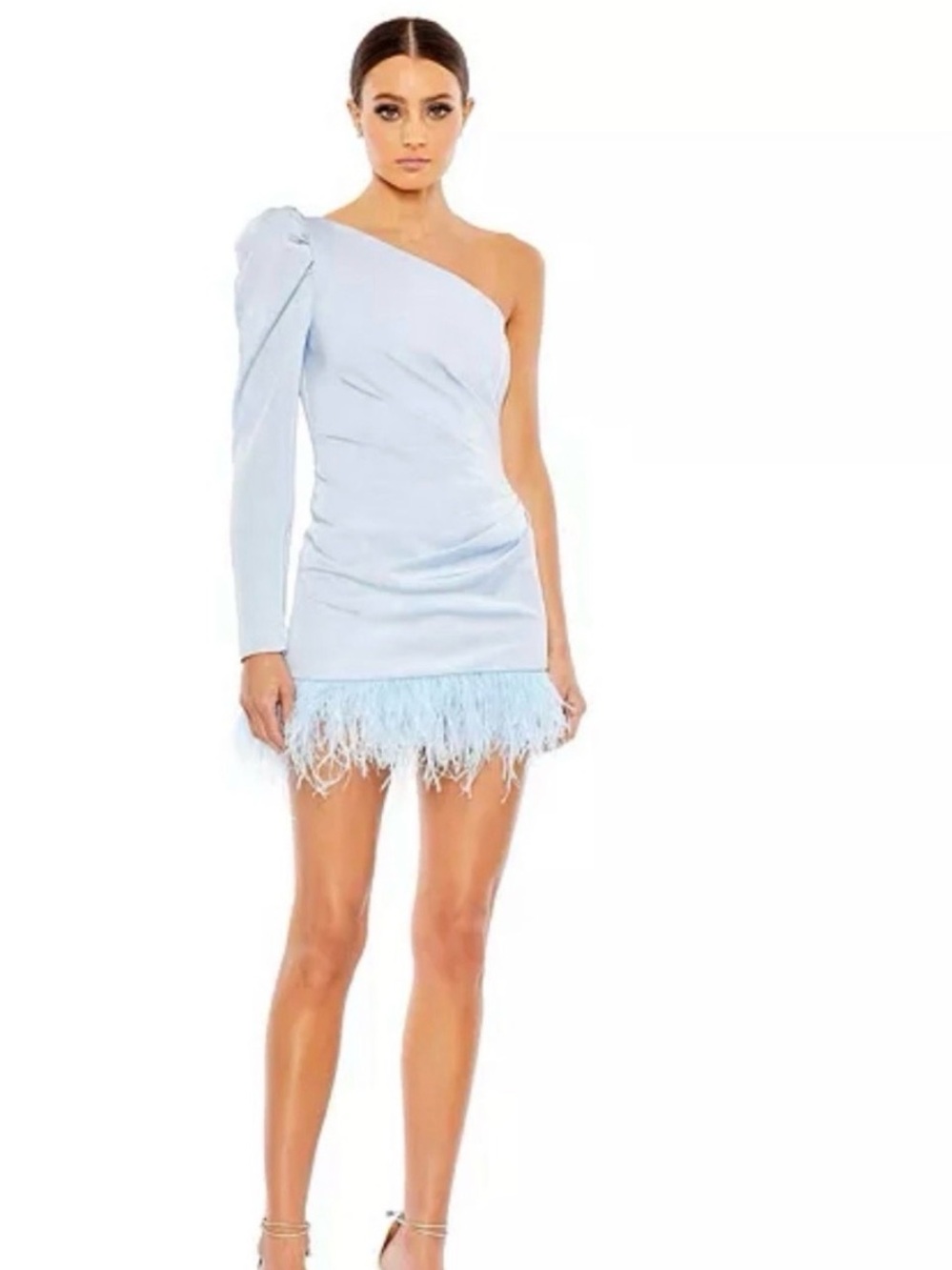 Mac Duggal One-Shoulder Feather Trim Mini Dress - Light Blue